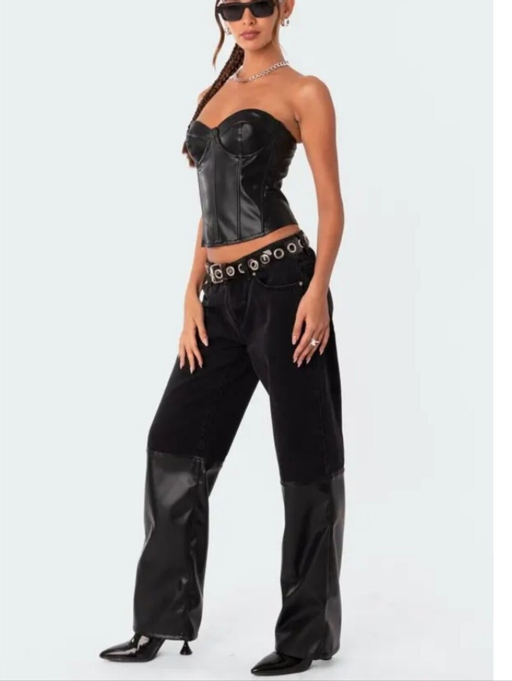 Edikted Black Denim Jeans with Faux Leather Pannel Sz L